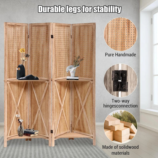 Wooden Room Divider Wall 4 Panel with Holes,5.6FT Tall Room Divider with Shelves,Folding Privacy Screens 67 in for Room Separation Home Office Bedroom