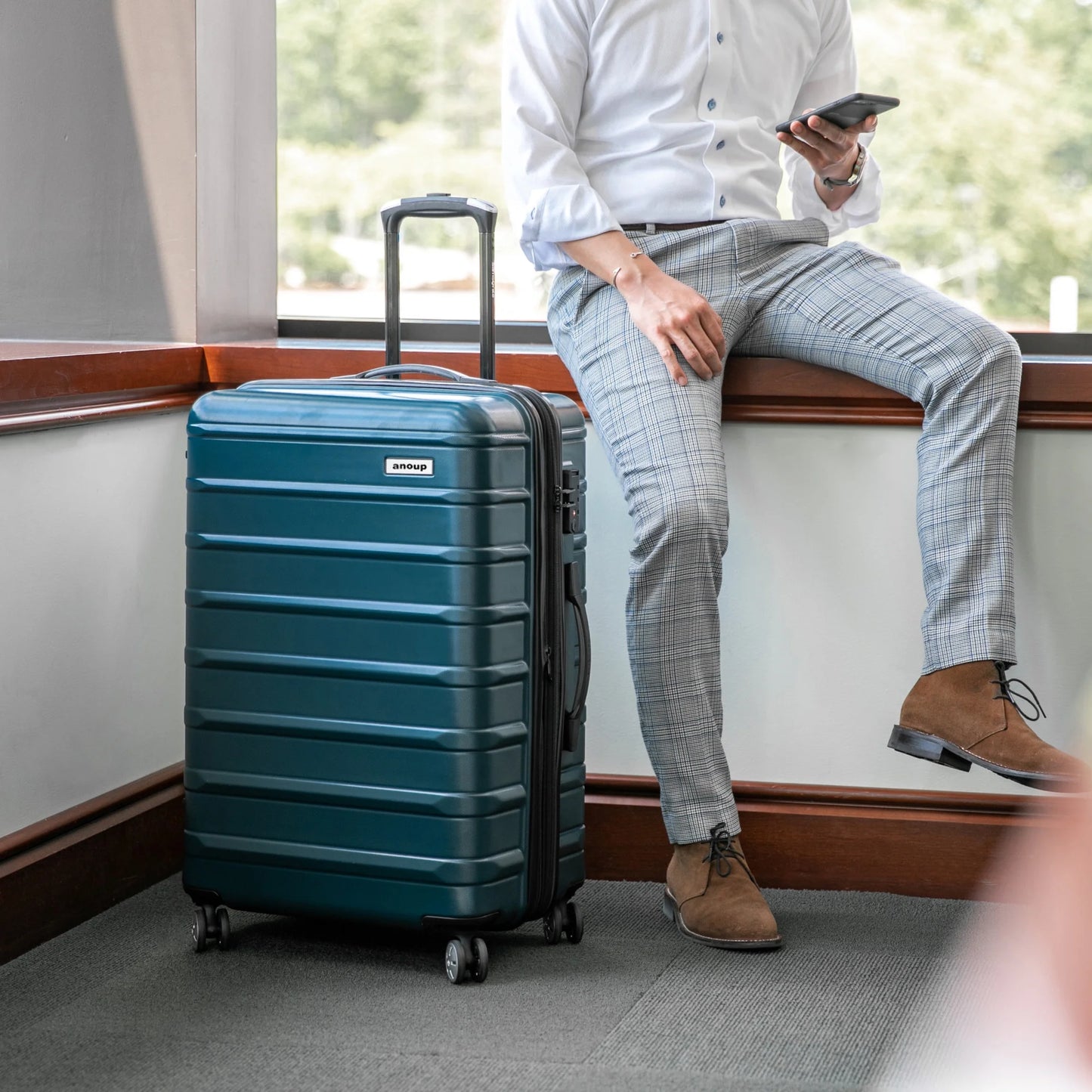 anoup Samsonite Omni PC Hardside Expandable Luggage with Spinner Wheels, Checked-Medium 24-Inch, Caribbean Blue