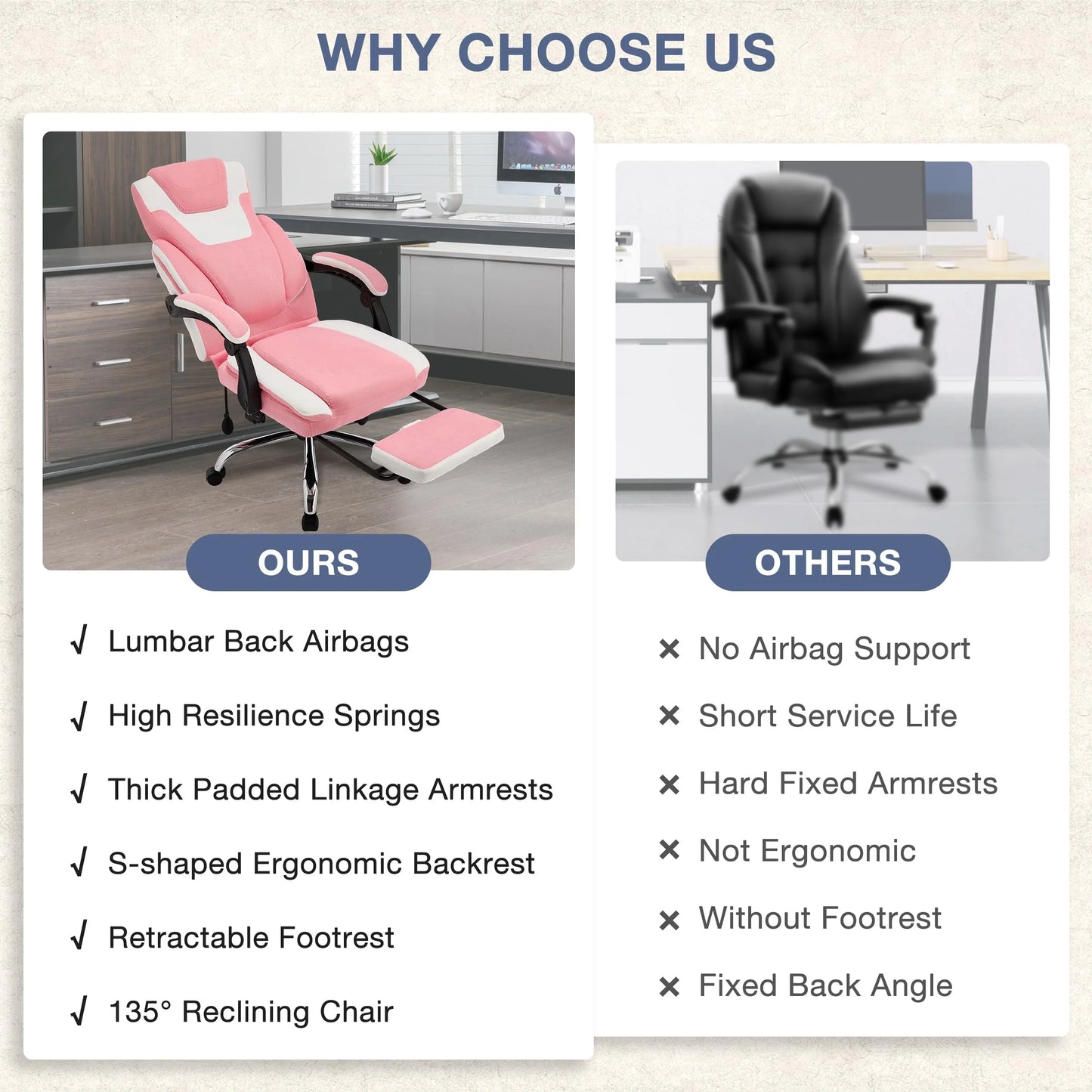 JONPONY Big and Tall Office Chair 400lbs, Executive Reclining Office Chairs with Footrest, High Back Home Office Chair Thick Padded Armrests, Ergonomic Adjustable Lumbar Support, PinkWhite