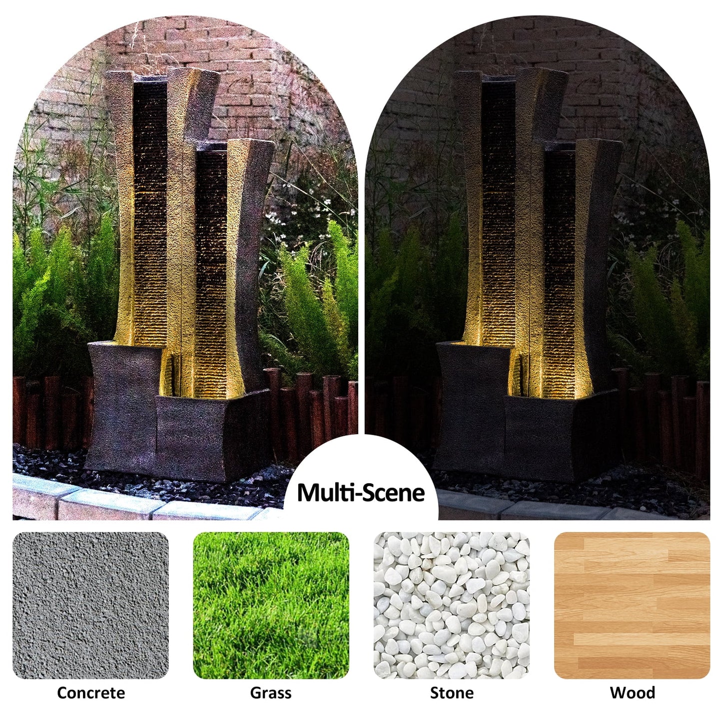 39.76''H Water Fountain Outdoor Indoor 2 Columns Waterfall Garden Fountains Modern Floor-Standing Water Feature with LED Light and Pump for Home Office Garden Patio