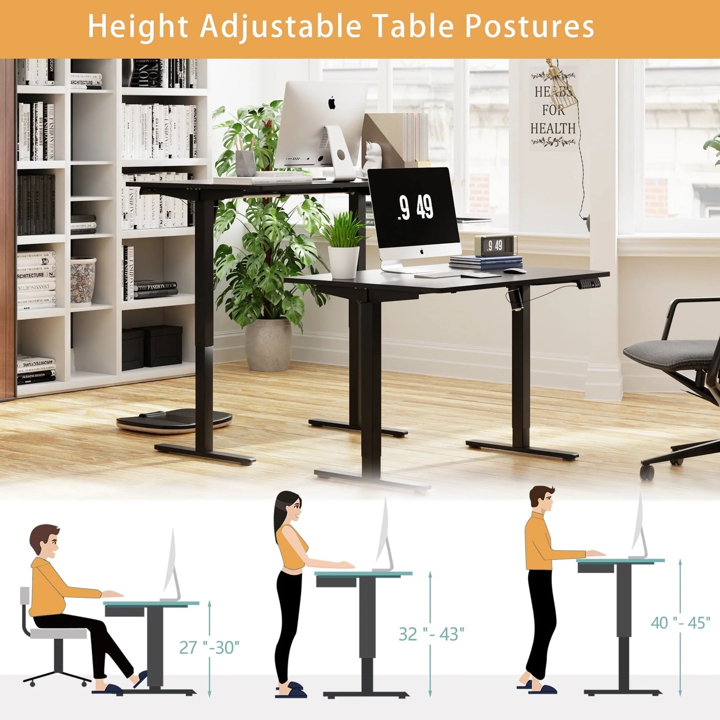 Walsunny 63" x 24" Electric Height Adjustable Standing Desk Home Office Stand Up Computer Desk(Black Top + Black Frame)