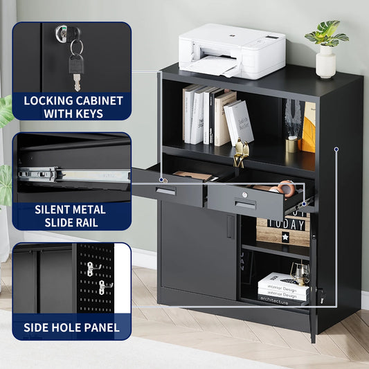 Fesbos Locking Cabinet with 2 Drawers, Metal Storage Cabinet with Locking Doors and Shelves - 41.3" Steel Lockable Storage Cabinet, Metal Cabinet for Home Office, Garage