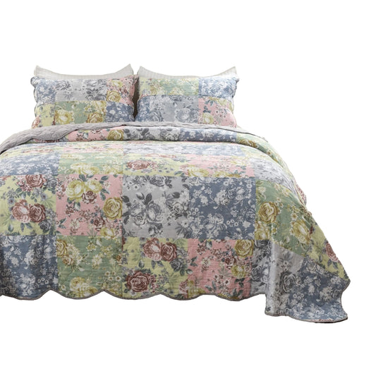 Eni 3 Piece California King Cotton Quilt Set, Pastel Blue Flower Design- Saltoro Sherpi