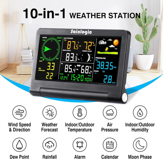 Sainlogic Weather Station Wireless Indoor Outdoor with Color Display,Rain Gauge,Wind Speed/Direction,Temperature,Humidity,Air Pressure,Forecast,Moon Phase,Alarm Clock(No WiFi)