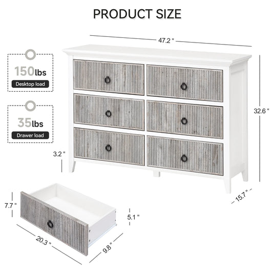 Homhougo White Dresser for Bedroom 6 Drawer, Wood Organizer Storage Cabinet with Gray Strip Drawer Door, Chest of Drawers for Closet, Living Room, Hallway, Nursery, Kids Bedroom