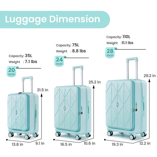 POWANLI 3 Piece Luggage Sets (20''24''28''), PC Hard Shell Expandable Lightweight Carry On Luggage, with Front Pocket and Spinner Wheels, TSA Lock, Airline Approved(Mint Green)