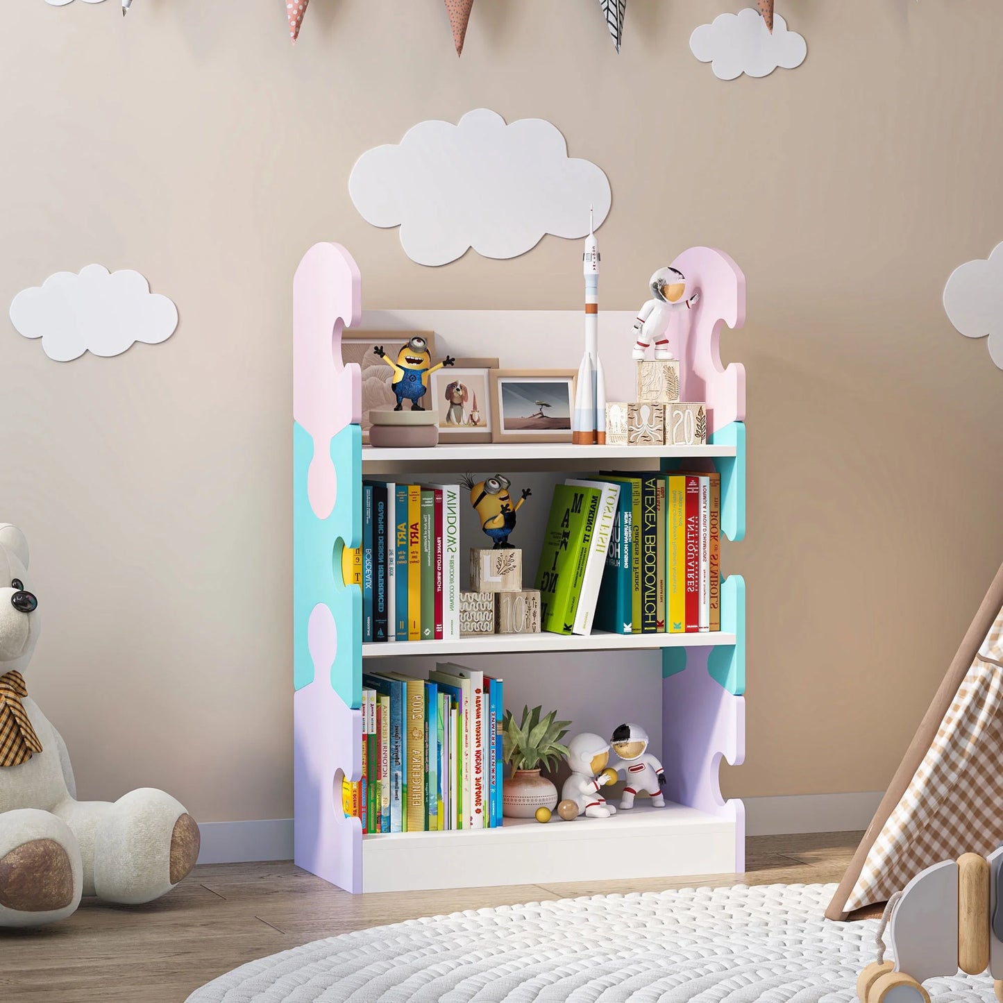 3-Tier Puzzle Piece Kids Bookshelf - Open Toy & Book Organizer for Nursery, Bedroom & Classroom