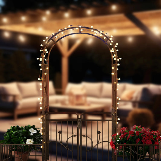 Dextrus Metal Garden Arch with Planter Boxes and Gate, Elegant Wedding Arch Climbing Plants Party Decoration for Outdoor Lawn
