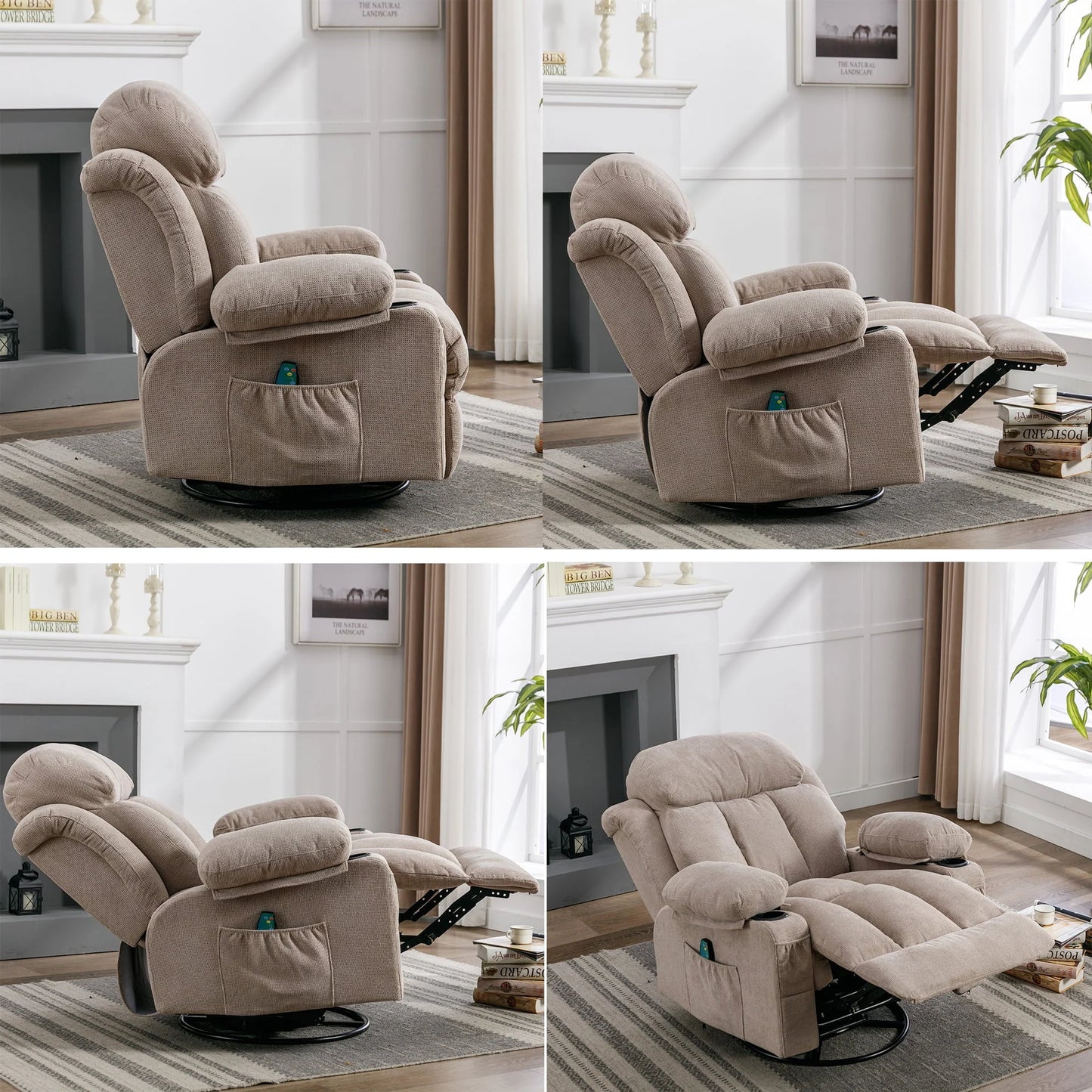 SYNGAR Manual Recliner Chair with Heat and Massage Function, Fabric Upholstery Recliner for Home Living Room Bedroom Nursery, Swivel Rocker Sofa Chair with USB Port and 2 Cup Holders, Beige