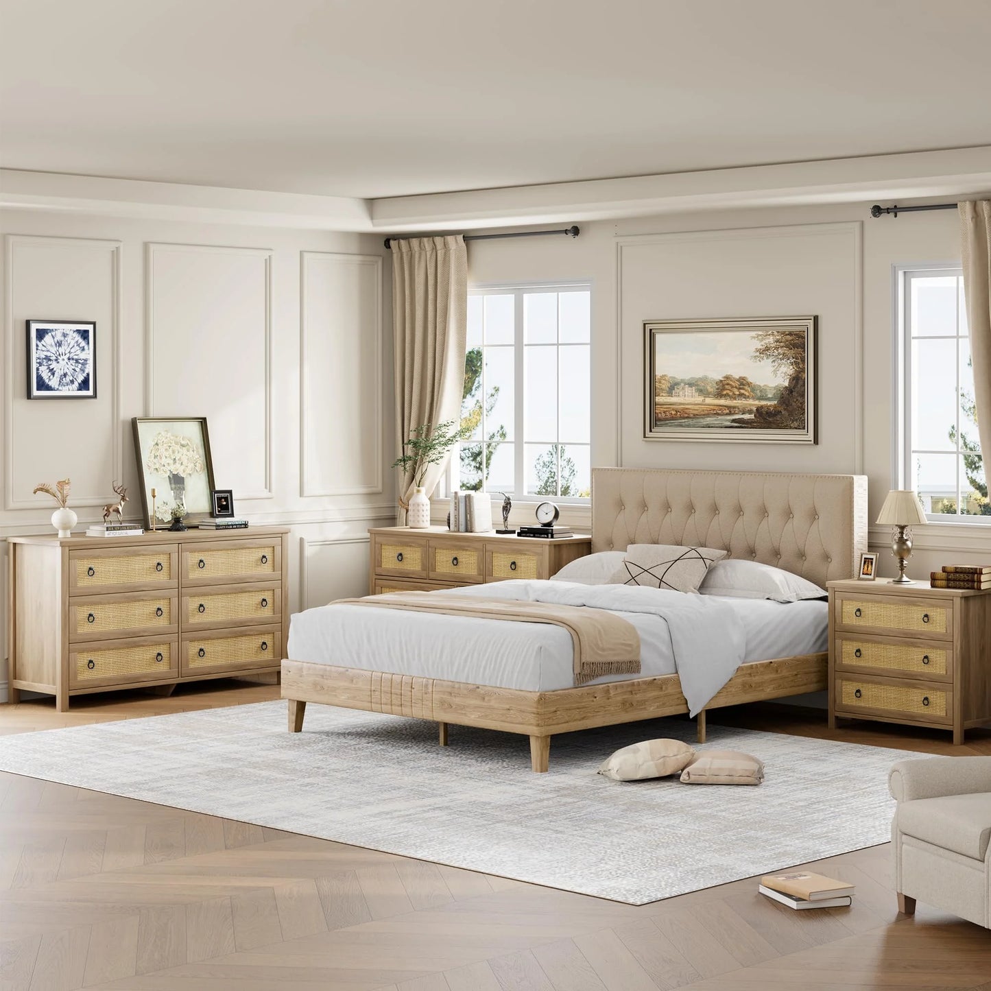 Yeshouse Boho 6-Drawer Dresser with Rattan Accents, Modern Chest of Drawers with Ring Handles & Deep Storage for Bedroom, Living Room