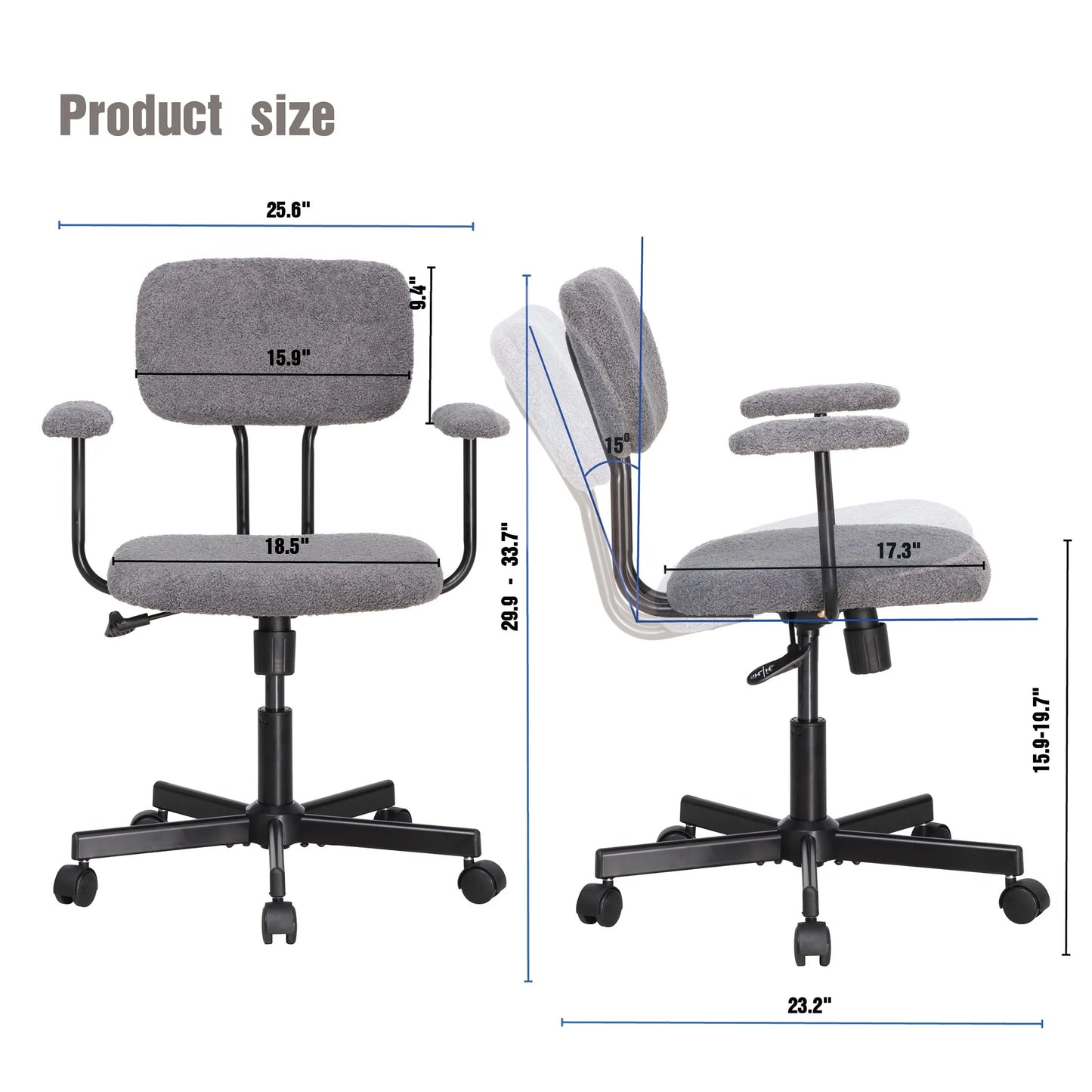 JJS Low Back Velvet Fabric Home Office Computer Chair with Armrest in Gray