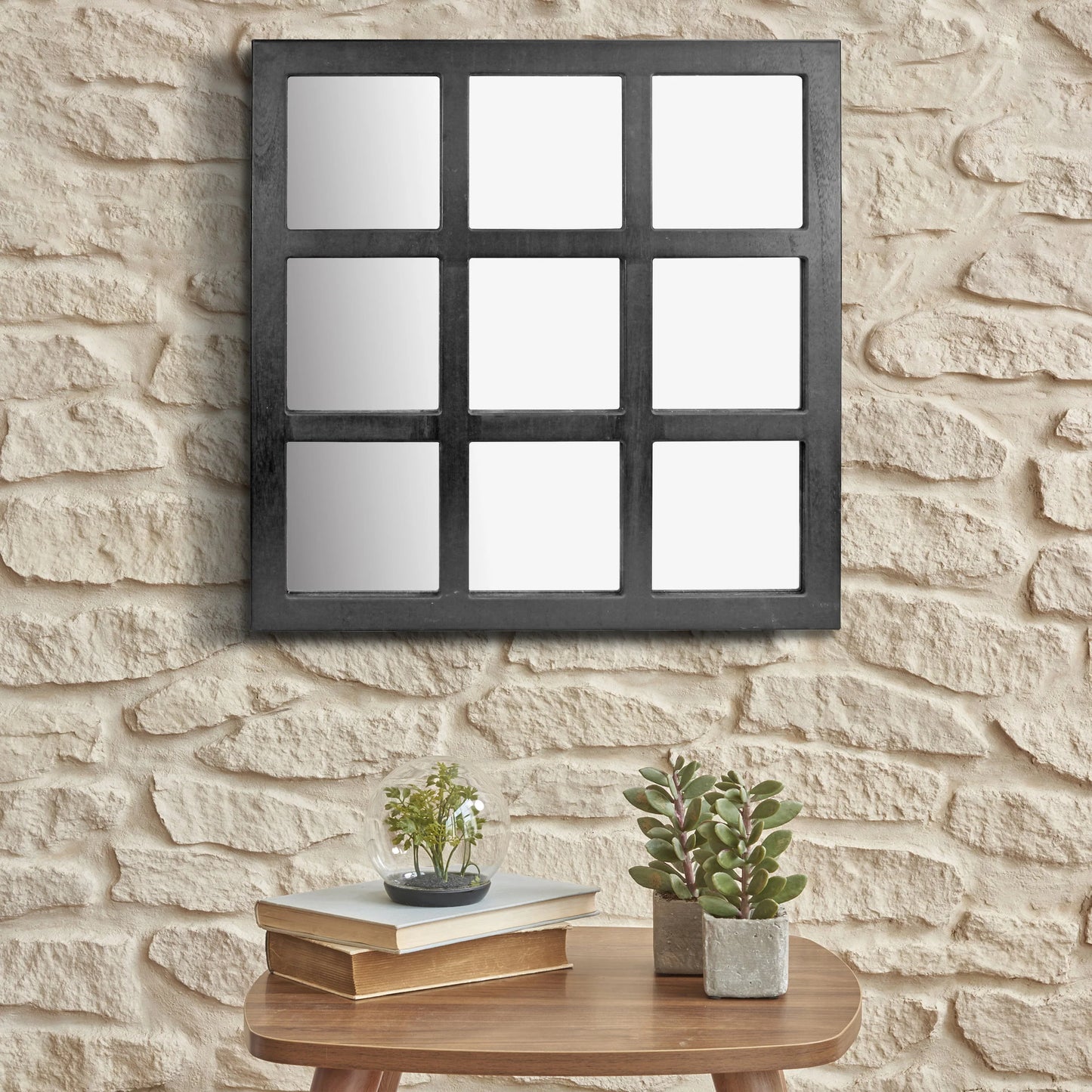 Stonebriar 23.5" x 23.5" Black Farmhouse 9-Panel Window Pane Wall Mirror