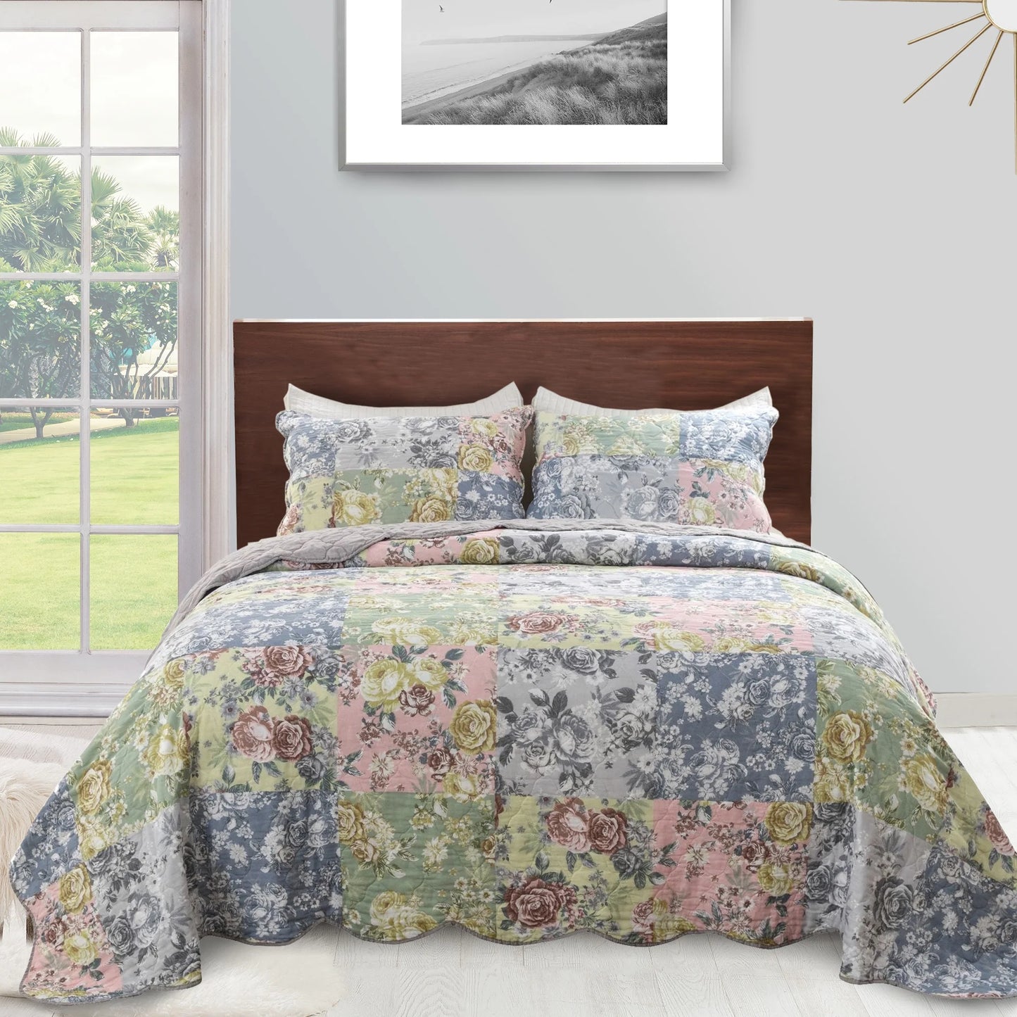 Eni 3 Piece California King Cotton Quilt Set, Pastel Blue Flower Design- Saltoro Sherpi