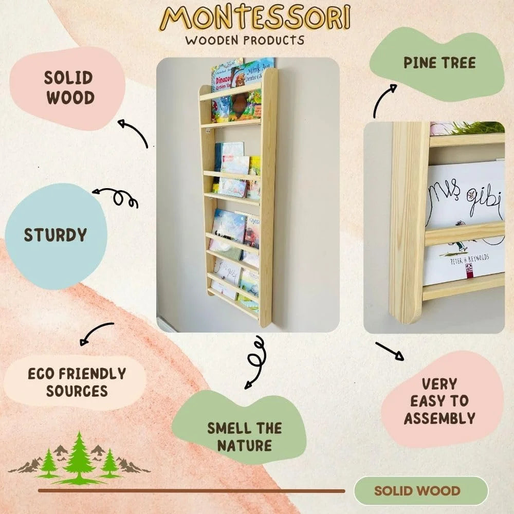 Handmade Solidwood Wall Mounted Montessori Kids Bookshelf, 4 Tier Book Display for Children Bedroom, Nursery Furniture Bookcase, Wood Pine Tree Book Organiser for Living Room (Walnut)