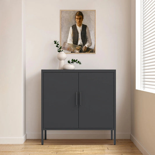 31.5" Metal Storage Cabinet with 2 Doors and 2 Adjustable Shelves, Garage Storage Cabinet with Metal Handles, Metal File Cabinet for Home Office School Gym, Black