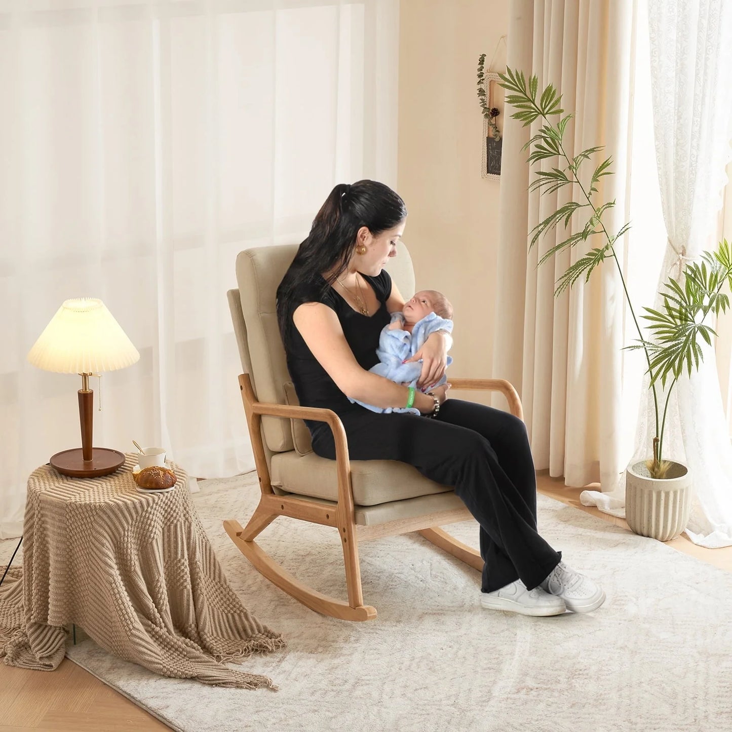 Ktaxon Mid Century Rocking Nursery Chair Solid Wood Frame Accent Chair, Line fabric Upholstered Glider Rocker Modern Padded Armchair with Lumbar Pillow Beige