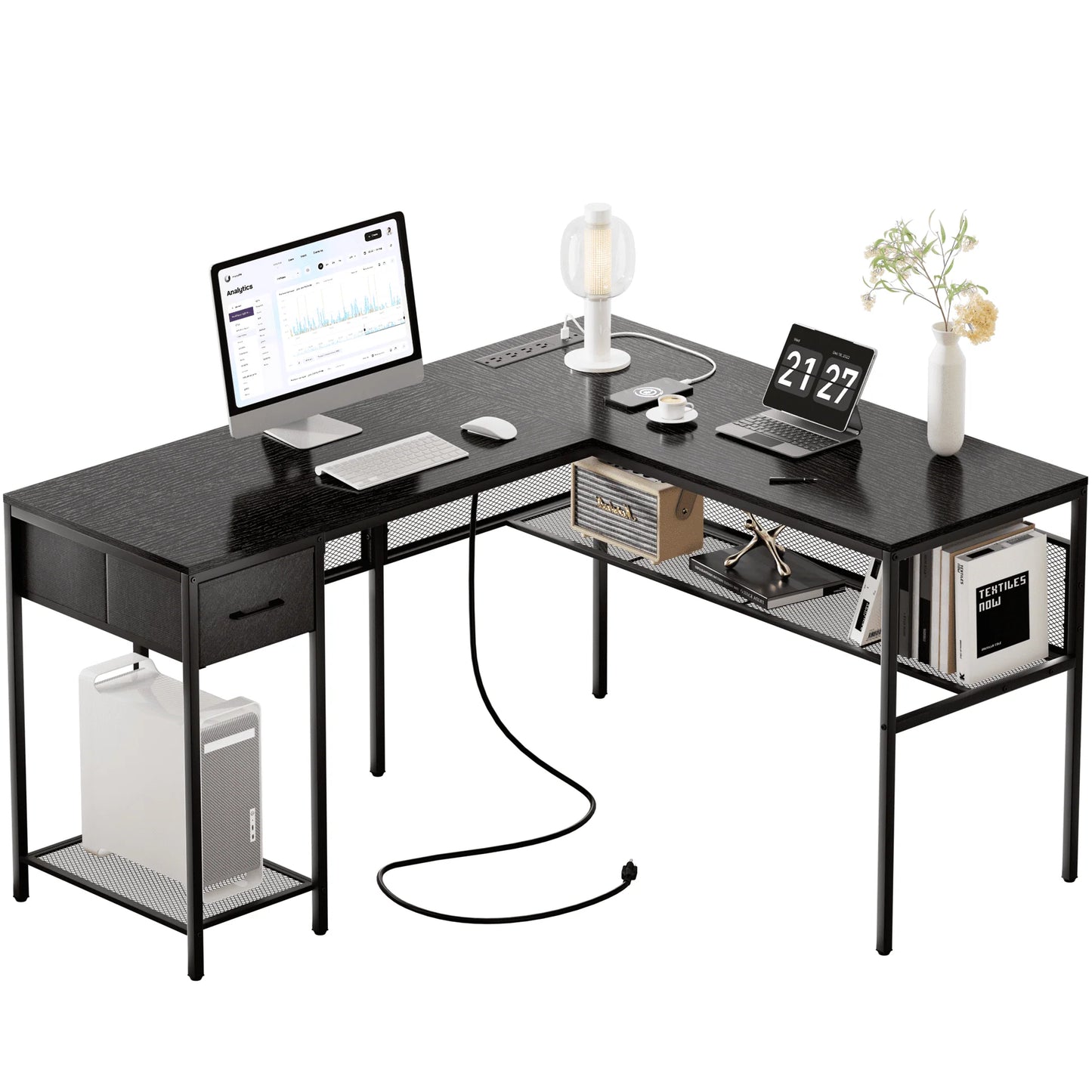SUPERJARE L Shaped Desk with Power Outlets, Reversible Computer Desk with Storage Shelves & Drawer, Corner Laptops Home Office Desk, Workstation, Black