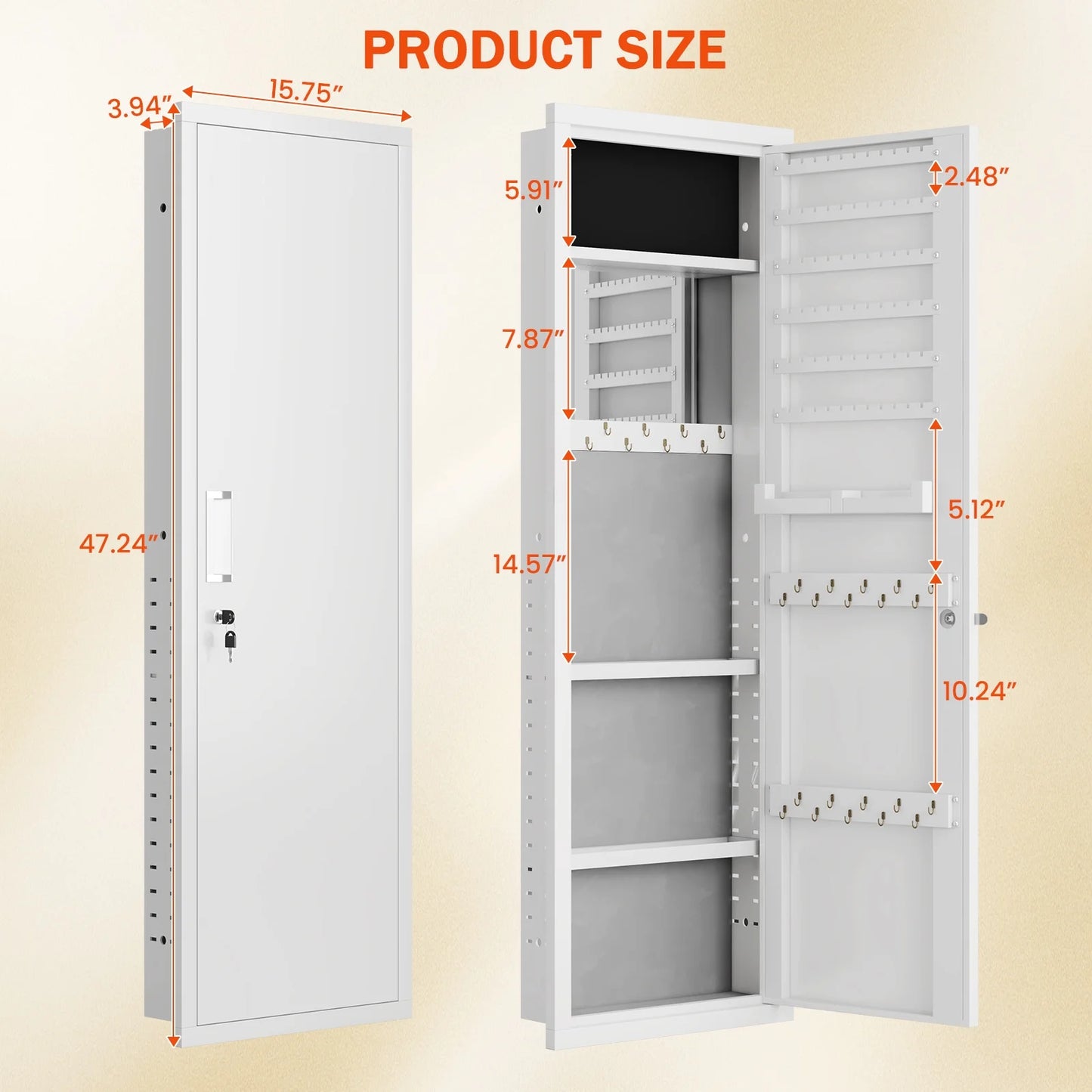 Mirror Jewelry Cabinet, 47.24" Tall Wall Mounted Jewelry Cabinet with Mirror and Light, Large Jewelry Armoire Organizer, Jewelry Storage with Lock & Adjustable Shelves (White