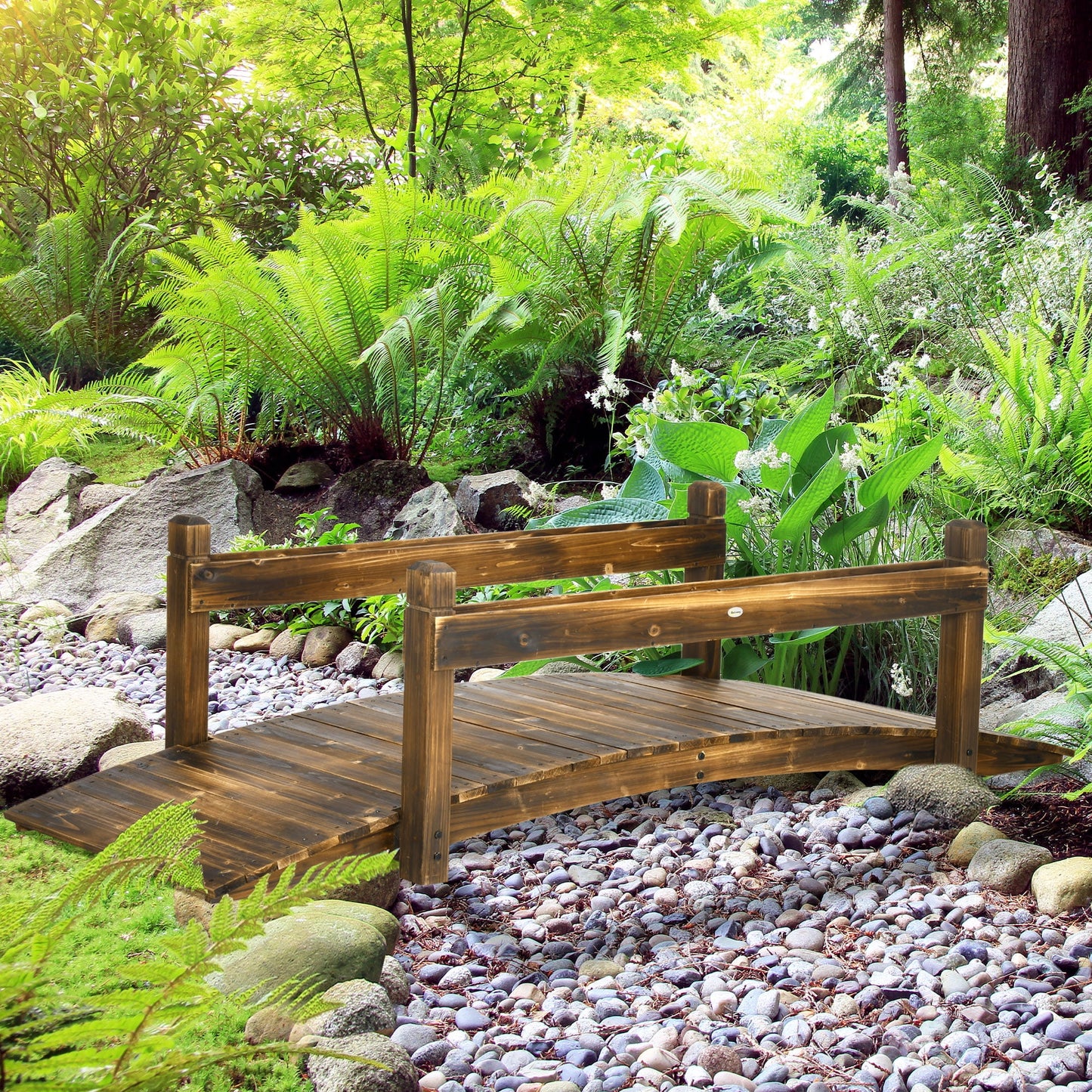 Homiyad 7.5' Wooden Garden Bridge with Planters on Safety Railings, Stained Finish Arc Footbridge for Backyards, Gardens and Streams