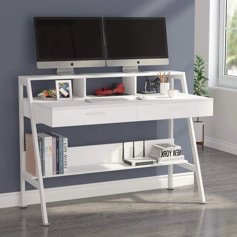 Tribesigns 47 inch Computer Desk, Modern Office Writing Desk with Storage Shelf & Drawers for Home Office, White