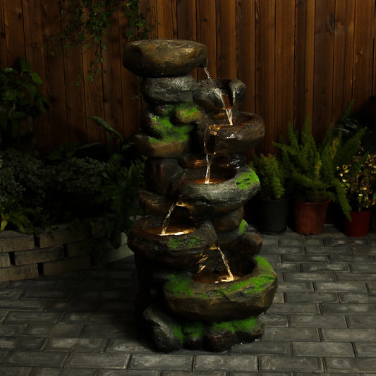 6-Tiered Outdoor Floor Rock Water Garden Fountain 37.4''H Cascading Waterfall Water Feature Indoor for Home Decor Patio Yard with LED Lights and Natural Stone Look