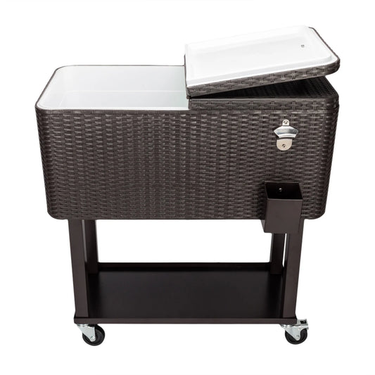 80QT Rattan Cooler with Shelf & Wheels - Insulated Outdoor Beverage Ice Chest for Parties, Patios, & Events - Durable Woven Design, Stainless Steel Accents, Keeps Cool 48 Hrs