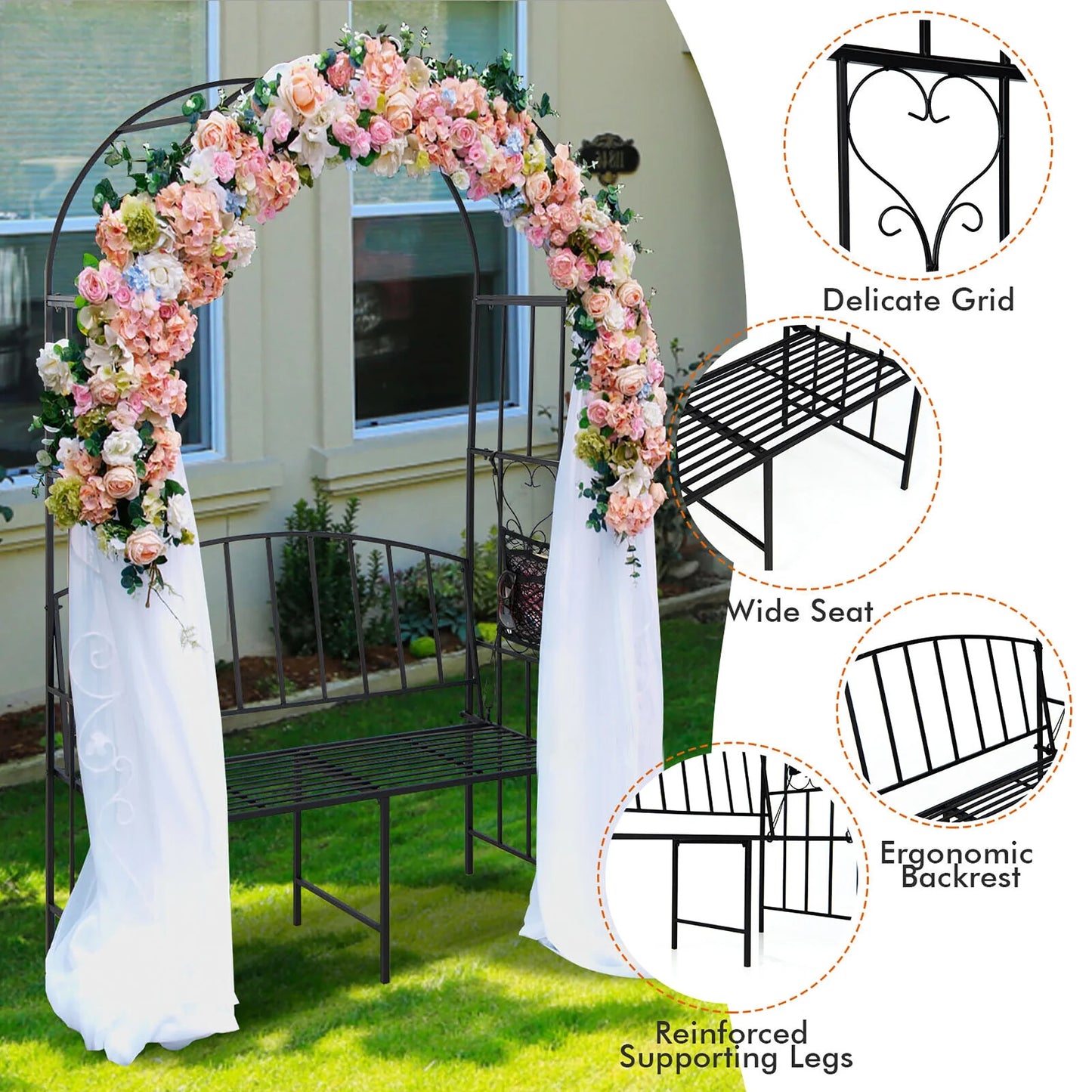 Gymax Steel Garden Arch w/2-Seat Bench 6'7''H x 3'8''W Outdoor Arbor for Climbing Plants