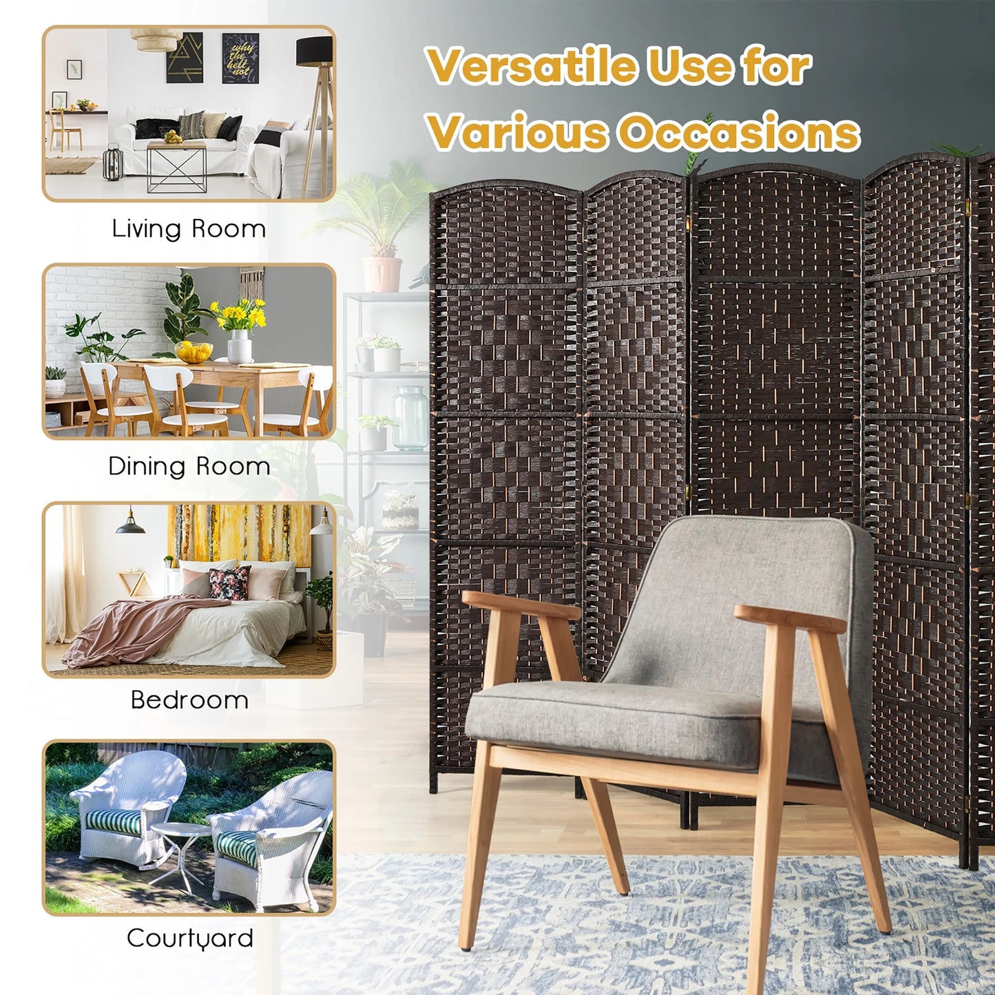 Costway 6-Panel Room Divider 6Ft Weave Fiber Folding Privacy Screen Brown
