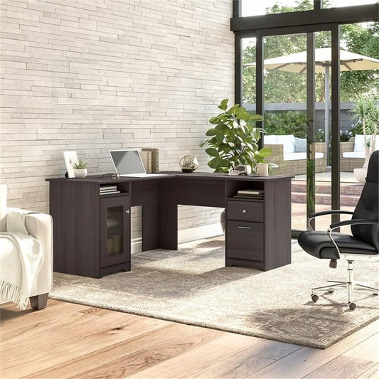 Pemberly Row 60" Home Office L-Shape Desk with 4-Port USB Hub and File Drawer in Heather Gray