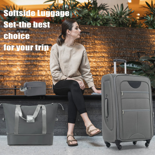 PAPROOS 3 PCS Luggage Set with Duffel Bag, Lightweight Carry on Softside Suitcases Set, 20in 24in 28in Expandable Suitcase with Spinner Wheel and TSA Lock, Softshell Luggage Travel Set, Gray