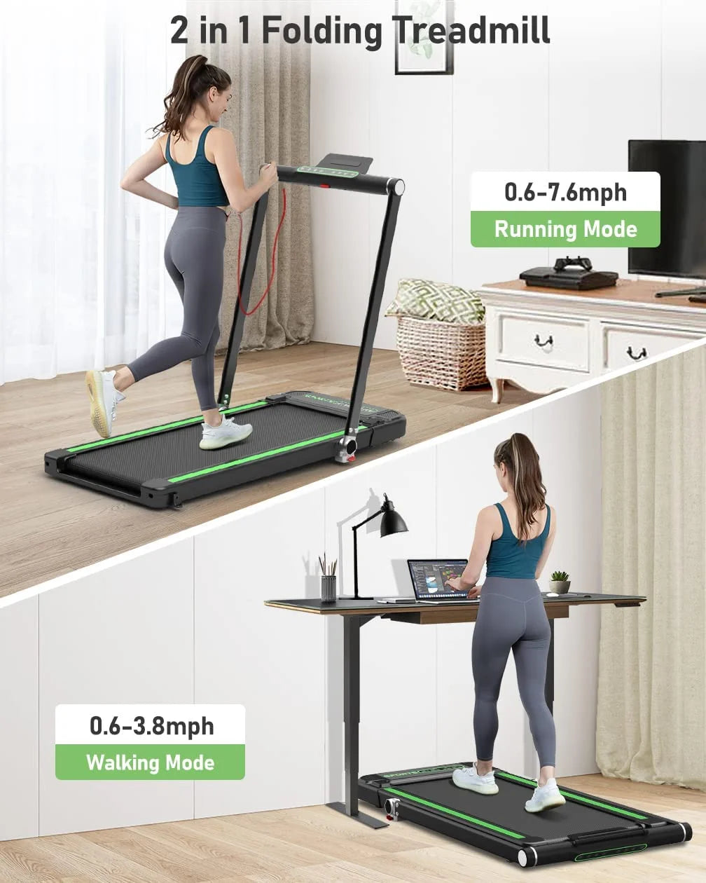 Delfy 2 in 1 Under Desk Treadmill, Folding Treadmill 2.5HP with Remote Control, 0.6-7.6 mph, LED Display, Phone/Tablet Holder, Electric Walking Running Machine for Home Office, No Assembly Needed