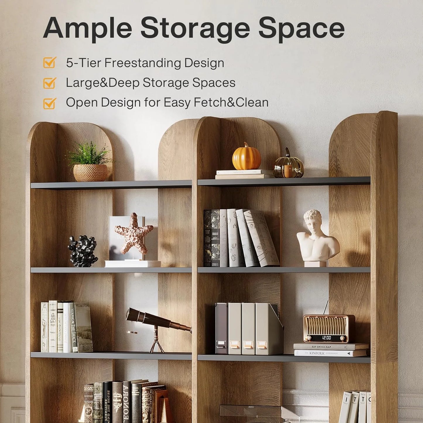 Fnova 70.8" Tall 5-Tier Bookshelf, Double Wide Bookcase with Open Shelves, Floor-Standing Display Storage Shelving Unit for Home Office, Bedroom Study
