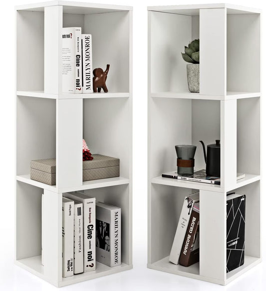 3 Cube Bookcase Set of 2, Modern Bookshelf w/Cubical Storage Shelves, Wood Bookshelves & Bookcases, Small Book Shelf for Bedroom, Living Room, Home Office (White)