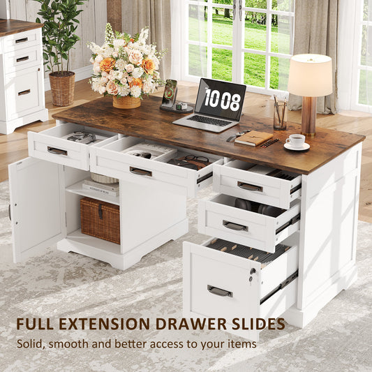 Whalefall 55 in Farmhouse Executive Desk with File Drawer for Adult Home Office, White