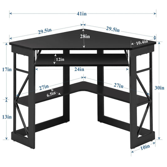 VECELO Corner Computer Desk with Keyboard Tray and Storage Shelf, Student Study Writting Table Workstation for College Dorm Apartment Home Office, Black (90 Degrees)