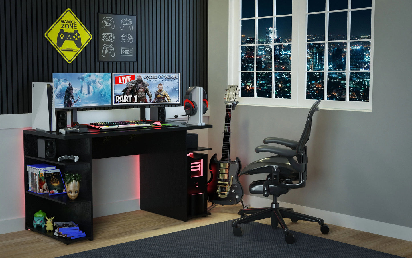 Madesa 53 inch Gaming Computer Desk with Shelves, Home Office Desk Writing Workstation, Wood - Black
