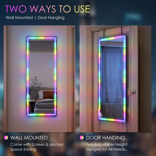 LVSOMT 47"x18" RGB LED Mirror, Over The Door Lighted Mirror, Full Length with Lights, Wall Mounted Hanging Mirror, Full Body Dressing Mirror, Light Up Mirror for Bedroom Living Room, Black