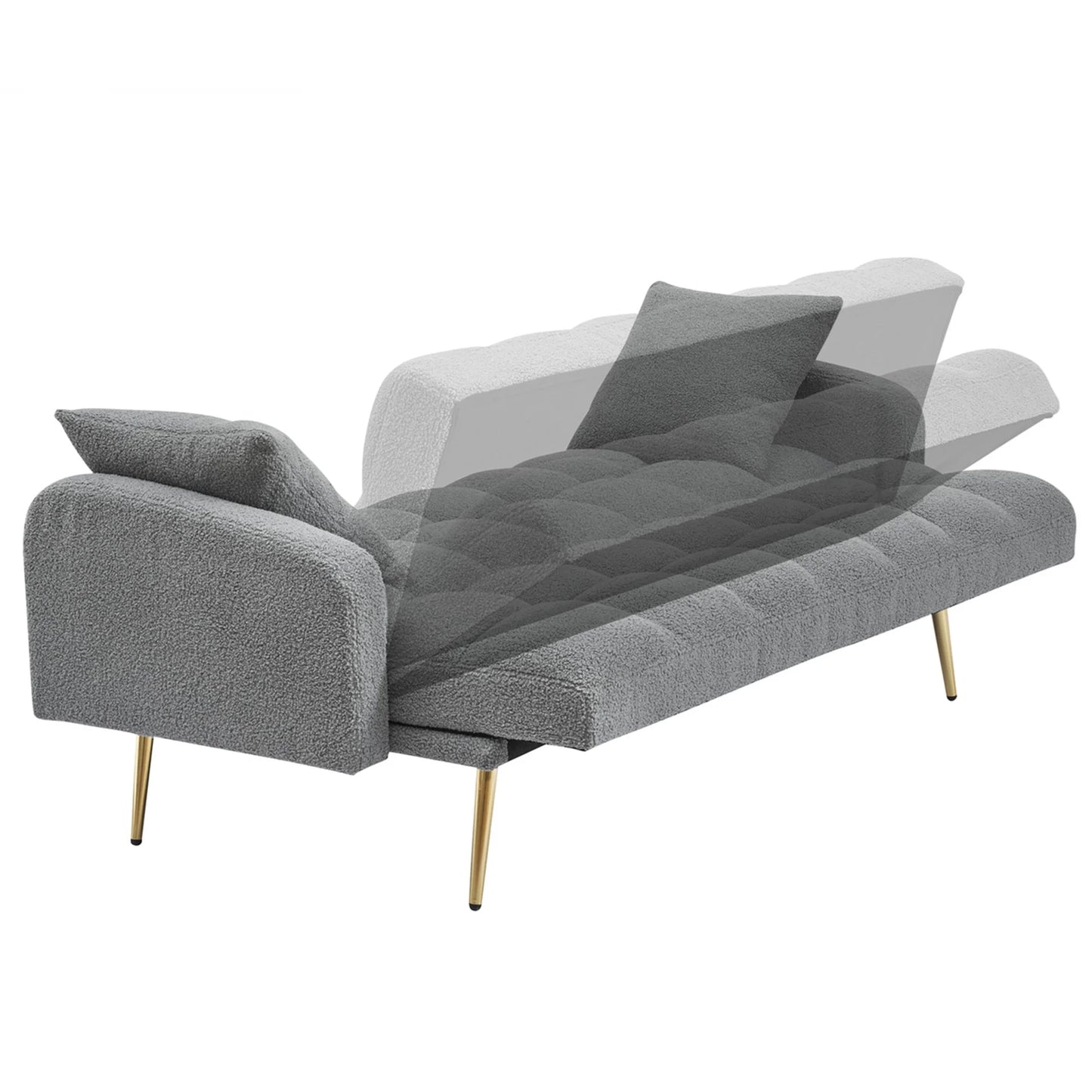 Aukfa Square Tufted Futon Convertible Sofa Bed for Home Office, 2 Pillows, Teddy Fleece, Gray