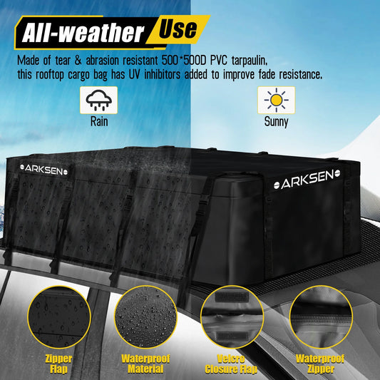 Arksen 29 Cubic Feet Waterproof Roof Top Luggage Storage Bag Heavy Duty Car Carrier Rooftop Bag W/12 Reinforced Straps, External Anti-slip Mat, 8 Door Hooks, For All Vechicles With/Without Rack