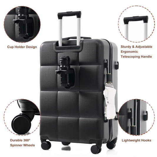 DECMAY 3-Piece ABS Luggage Set with Spinner Wheels and Cup Holder, Airline Carry-On Approved