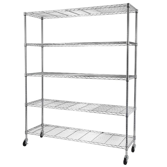 Tcbosik 5-Tier Heavy Duty Metal Storage Rack, NSF Certified Rolling Wire Shelving Unit with Adjustable Shelves for Home Office, Silver