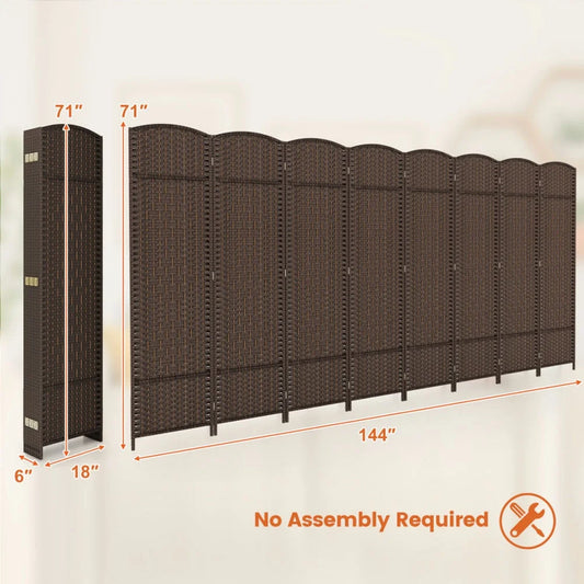 Spaco 8-Panel 8 Feet Tall Room Divider, Folding Room Divider with Hand-Woven Texture, Privacy Screen with Solid Wood Frame for Indoor, Brown