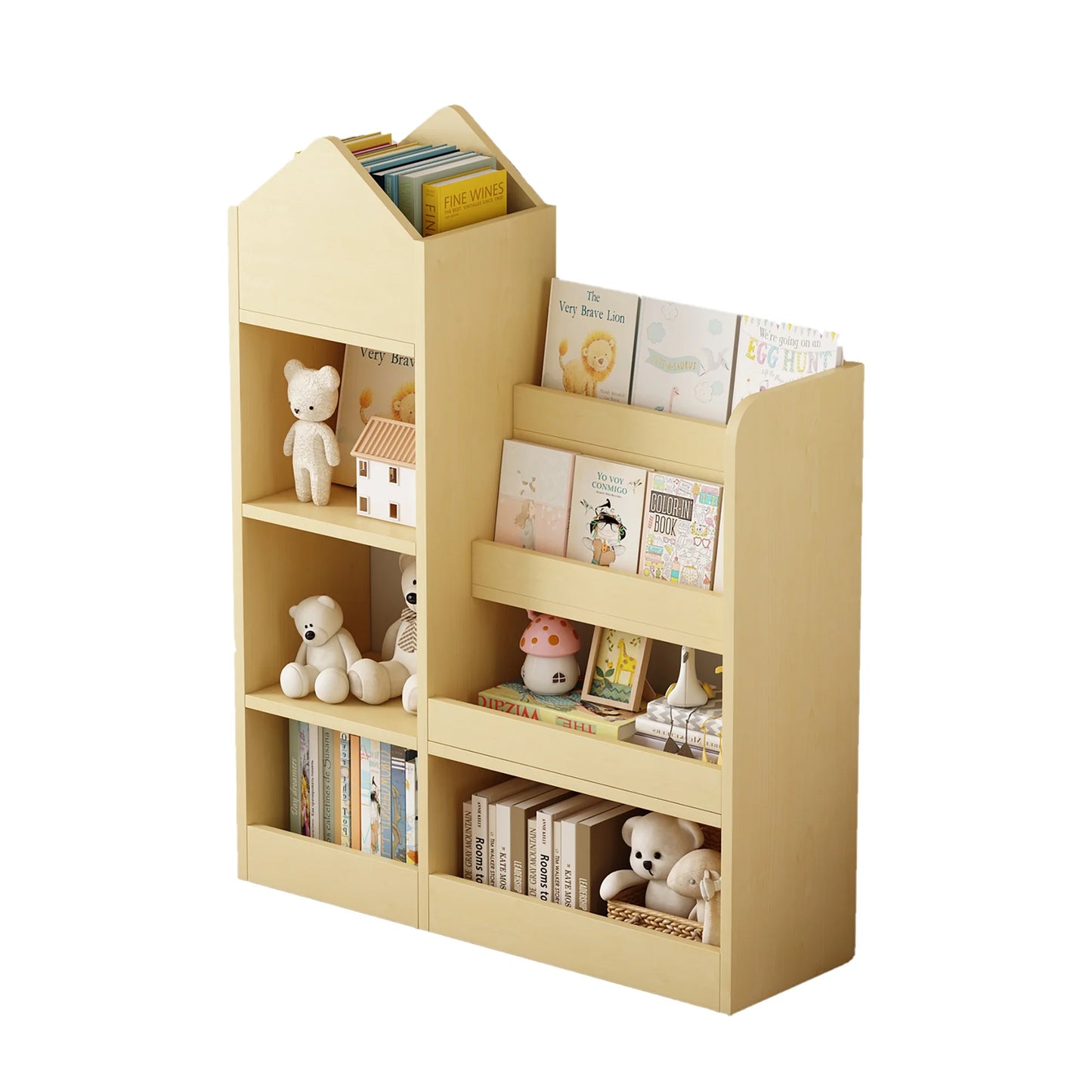 PORKISS Bookshelf for Kids, Wood Kids Bookcase with Toy Storage Organizer, Freestanding Book Shelf with 6 Compartments and 2 Baskets Bins for Kids Bedroom, Nursery, Playroom, Natural
