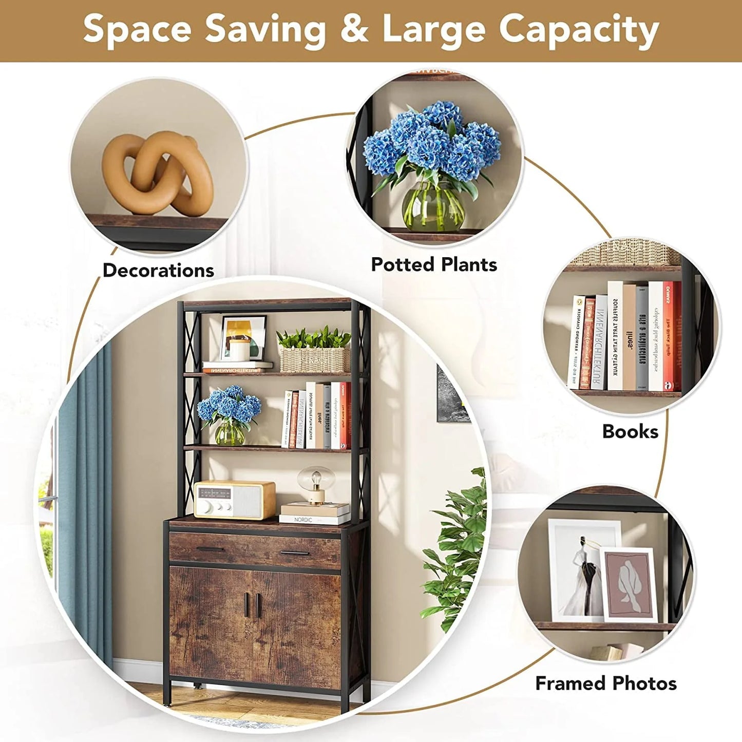 Tribesigns Bookshelf with Drawer, 4 Tier Bookcase with Doors Cabinet for Living Room, Home Office, Rustic Brown & Black