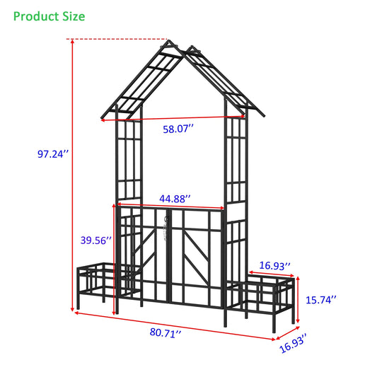 Garden Arch Metal Garden Arch with Gate with planter W80.71*H97.24 Climbing Plants Support Rose Arch Outdoor Black,Garden Trellis