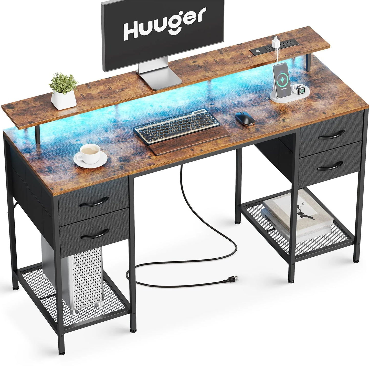 Huuger 55" Computer Desk with LED Lights & Power Outlets, Industrial Home Office Desk with Drawers & Storage Shelves, Corner Writing Desk, Gaming Desk, Rustic Brown