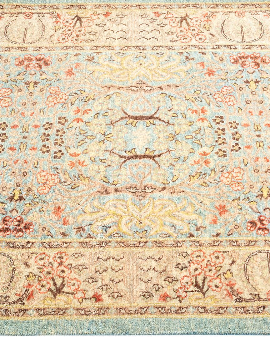 One of a Kind Hand Made Mogul Oriental Wool Area Rug Light Blue Runner