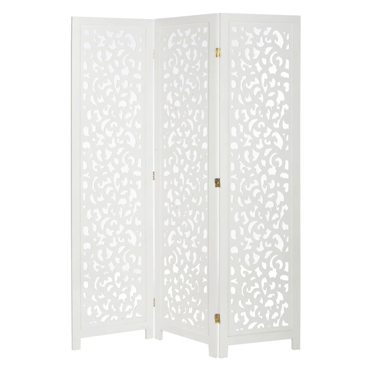 3 Panel Room Divider Solid Wood and Canvas with Decorative Cutouts Tree Design 67" Tall Black