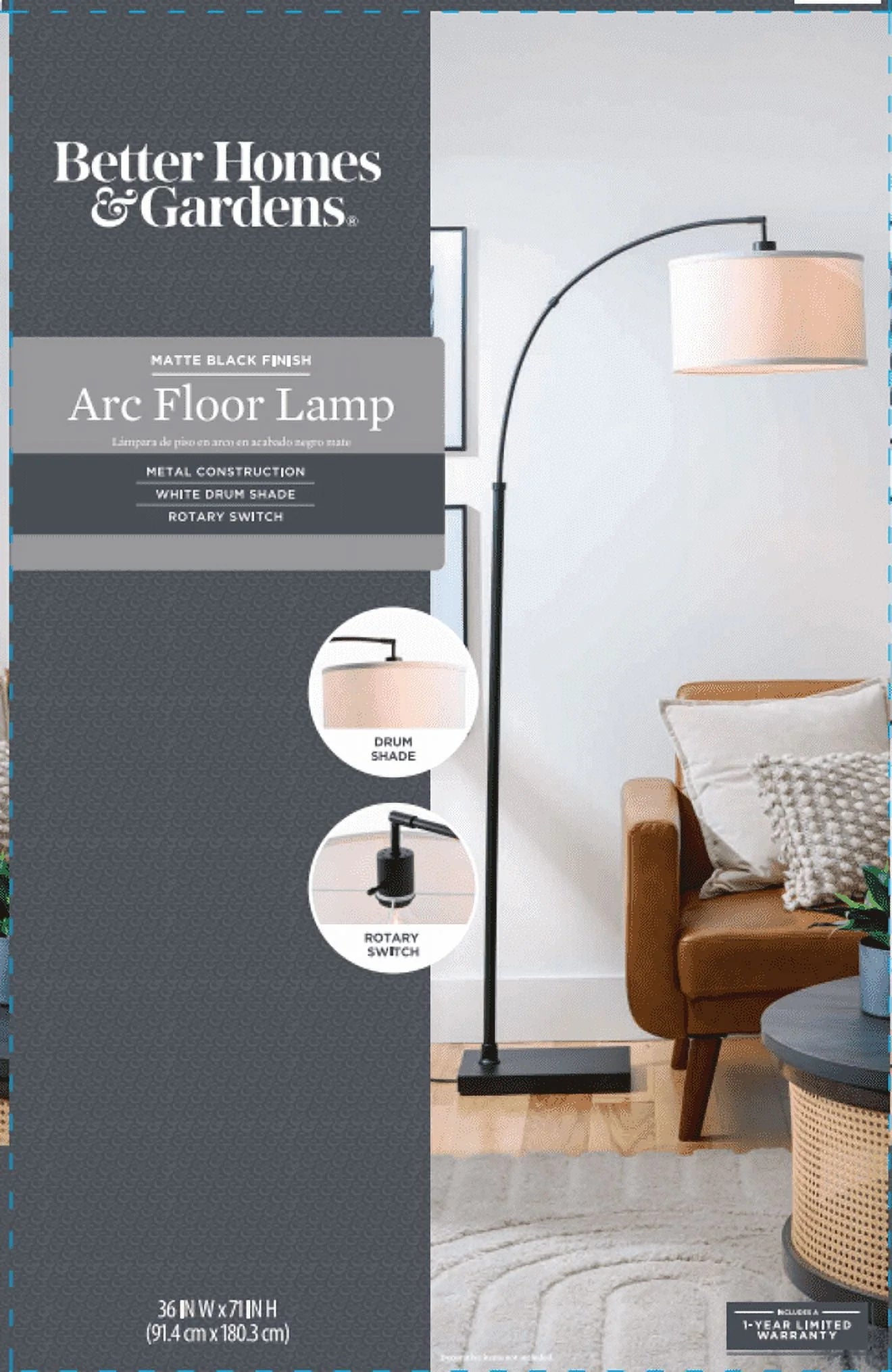 Better Homes Gardens 71"H Black Metal Arc Floor Lamp, Classic, Adult Home Office