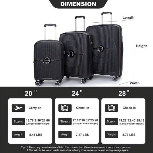 3 Piece Luggage Set Expandable Suitcases Set with Spinner Wheels & TSA Locks, Black